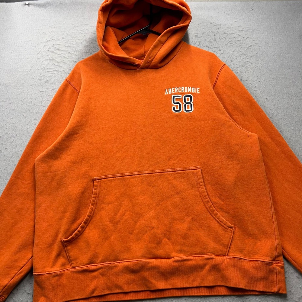 Abercrombie & Fitch Mens Large Orange Hoodie 58 Spellout Pullover Sweatshirt L